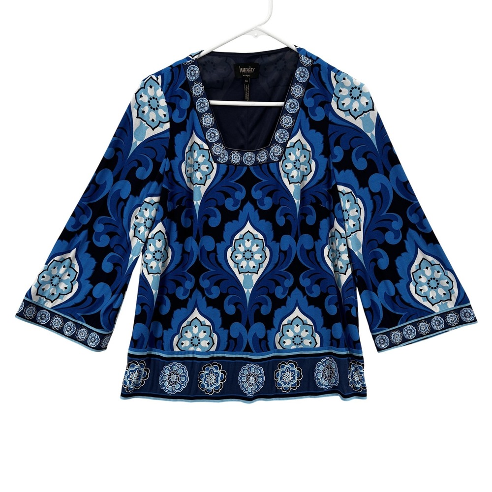 Laundry‎ by Shelli Segal Top Womens 10 Blue Boho Floral Tunic Blouse 3/4 Sleeve